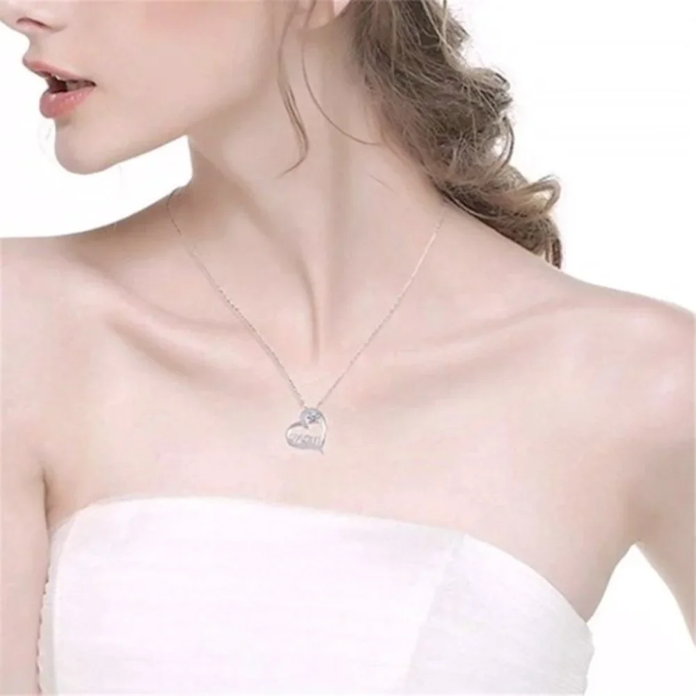 New Beautiful 925 Silver Diamond Mom Heart Necklace